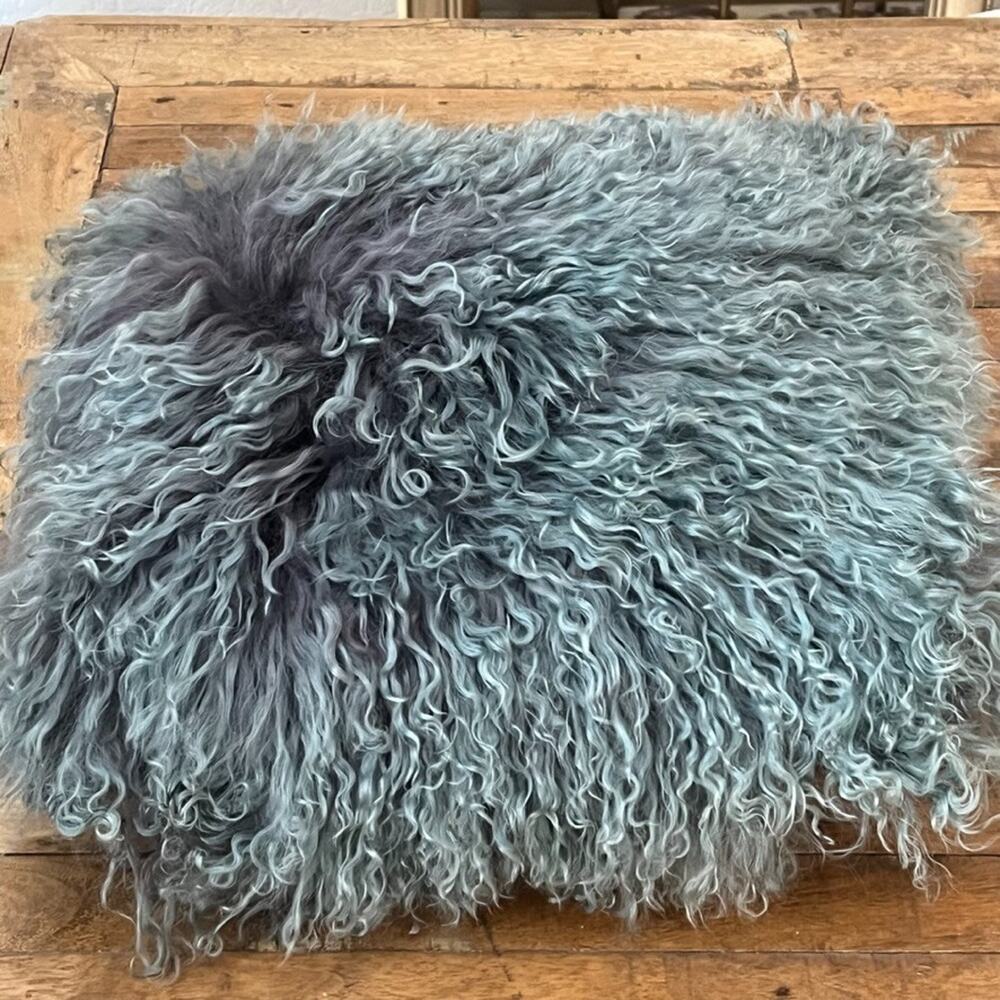 Fur Throw Pillow Mongolian 100% Sheep Wool Hair Gray 13 x 15"